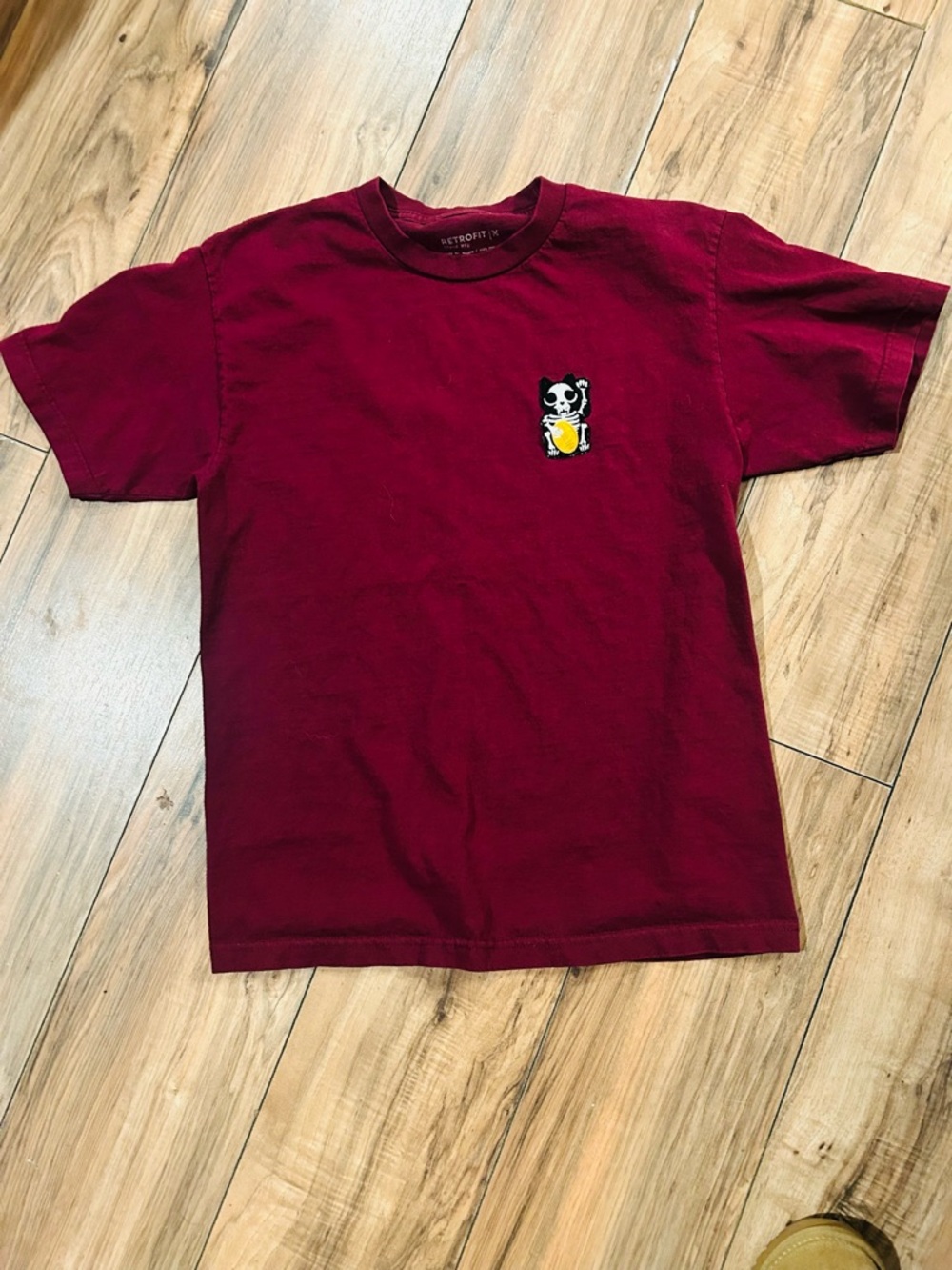 Retrofit Burgundy Short Sleeve Tee with Lucky Cat Embroidered Patch